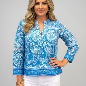 La Plage Hannah Top Effiervescent Paisley White/Capri Turquoise Size Medium